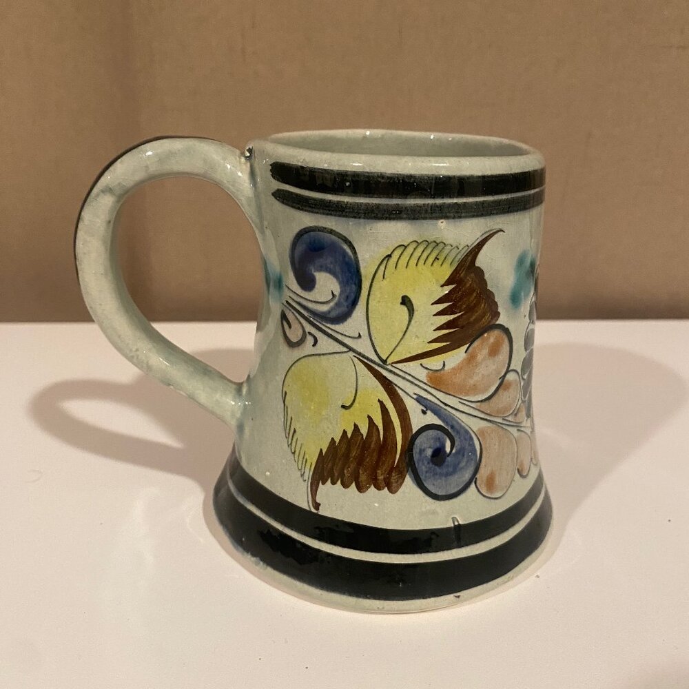 Vintage CAT Tonala Mexico Pottery Mug | Hand-Painted Floral Design |‎ 5” x 4.5”